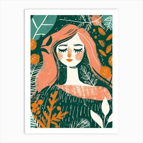 Illustration Of A Girl With Leaves Art Print