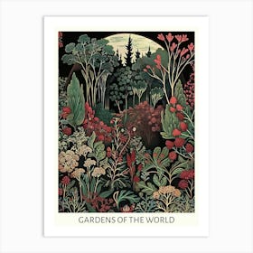 Gardens Of The World Red Vintage Art Nouveau Botanical  Art Print