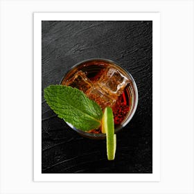 Rum cocktail with cola and mint — Food kitchen poster/blackboard, photo art Art Print