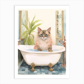Balinese Cat In Bathtub Botanical Bathroom 3 Art Print