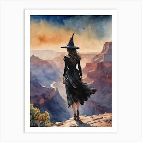 A Witch At The Grand Canyon ~ A Witch Travels Arizona Pagan Witchy Watercolour Gothic Fantasy Artwork Flying Witchcraft Art Print