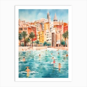 Swimming In Palma De Mallorca Spain Watercolour Art Print