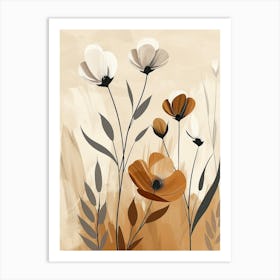 Flowers In Beige, Brown And White Tones, Using Simple Shapes In A Minimalist And Elegant 13 Art Print