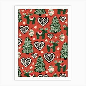 Scandinavian Ornate Folk Art Reindeer, Hearts, Ornaments, and Christmas Trees Art Print