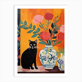 Sweet Pea Flower Vase And A Cat, A Painting In The Style Of Matisse 2 Art Print