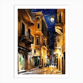 Watercolor Mediterranean Street At Night Art Print