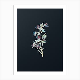 Vintage Shewy Delphinium Flower Botanical Watercolor Illustration on Dark Teal Blue n.0648 Art Print