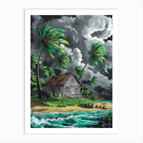 Anime Canvas Art: Dramatic Tropical Island Scene with Rustic Beach Hut and Stormy Sky, Perfect for Coastal Decor and Nature Art Lovers, Lofi. Art Print