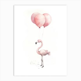 Baby Flamingo Flying With Ballons, Watercolour Nursery Art 3 Art Print