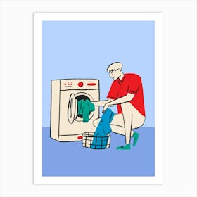 Man Washing Clothes In A Washing Machine Art Print