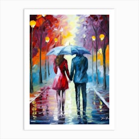 Couple Holding Umbrellas In The Rain Art Print