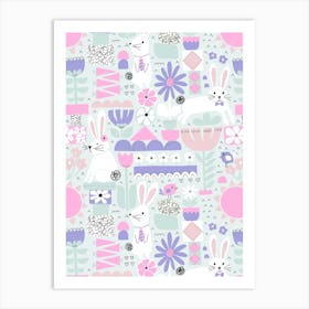 Cute Easter Bunnies and Birds Cut Out Collage Mint Green, Purple, Pink Kids Art Print