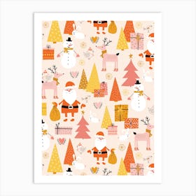 Happy Christmas Forest with Santa, Snowmen, Gifts, and Reindeer on Pastel Peach Art Print