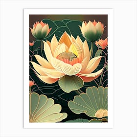 Lotus Flower In Garden Retro Illustration 1 Art Print