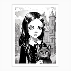 Nevermore Academy With Wednesday Addams And A Cat Line Art Fan Art Art Print