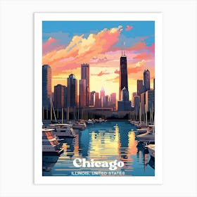 Chicago Illinois United States Sunset Travel Art Illustration Art Print