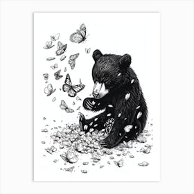 Malayan Sun Bear Cub Playing With Butterflies Ink Illustration 3 Art Print