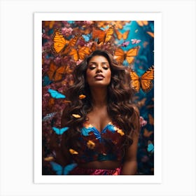 Illustration of a woman, surrounded by butterflies, vivid, painting, wall art Art Print