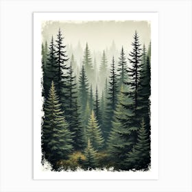 Evergreen Pine Tree Poster Muted Pine Vintage Pine Forest Tree Painting Rustic Forest Landscape Cabin Art Art Print