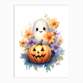 Cute Ghost With Pumpkins Halloween Watercolour 56 Art Print
