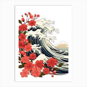 Great Wave With Rose Flower Drawing In The Style Of Ukiyo E 3 Art Print