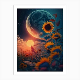 Sunflowers And Moon Art Print