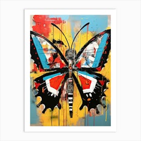 Butterfly yellow, red, blue in Basquiat's Style Art Print
