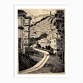 Lombard Street San Francisco Linocut Illustration Style 3 Art Print