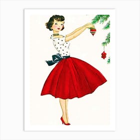 Young Woman In Red Dress Decorating A Christmas Tree Art Print