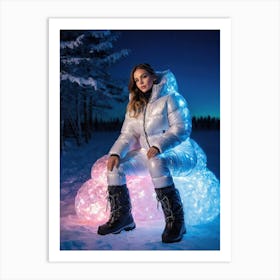 Woman in down jacket sitting on glowing pillow, mystic Art Print