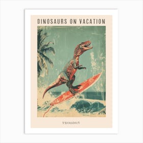 Vintage Troodon Dinosaur On A Surf Board 2 Poster Art Print