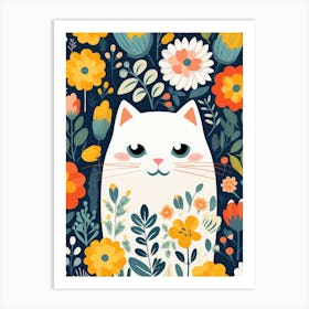 White Cat With Flowers Art Print