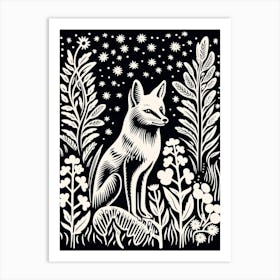 Fox In The Forest Linocut Illustration 10  Art Print