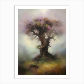 Oak tree, fine work of art, misty atmosphere, green meadow..22 Art Print