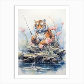 Tiger Illustration Fishing Watercolour 4 Art Print