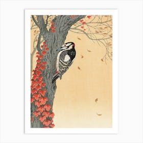 Great Spotted Woodpecker In Tree With Red Ivy, Ohara Koson Art Print