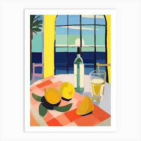Painting Of A Lemons And Wine, Frenchch Riviera View, Checkered Cloth, Matisse Style 4 Art Print