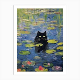 Water Lilies And A Black Cat Inspired By Monet 2 Art Print