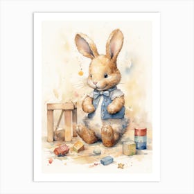 Bunny Playing With Toys Rabbit Prints Watercolour 3 Art Print