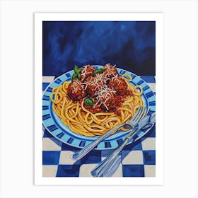 Spaghetti With Meatballs Checkered Blue 4 Art Print