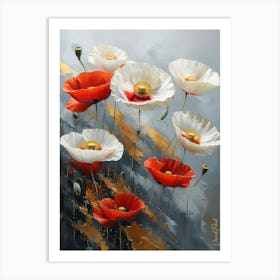 Gold Plated Red And White Poppy Flowers Art Print