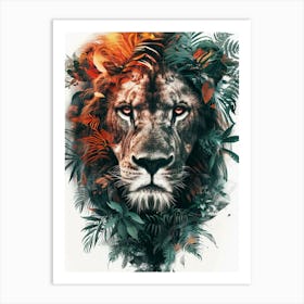 Double Exposure Realistic Lion With Jungle 22 Art Print