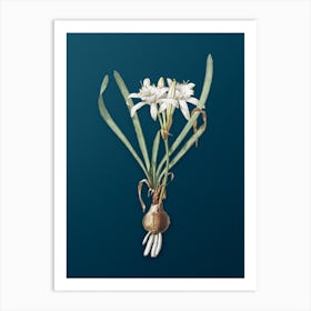 Vintage Sea Daffodil Botanical Art on Teal Blue n.0909 Art Print