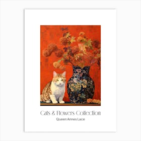 Cats & Flowers Collection Queen Annes Lace Flower Vase And A Cat, A Painting In The Style Of Matisse 0 Art Print