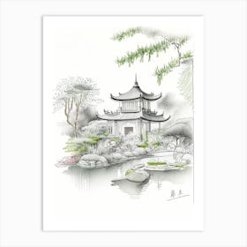 Lan Su Chinese Garden, Usa Vintage Pencil Drawing Art Print