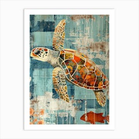Sea Turtle Mixed Media Blue Collage Art Print