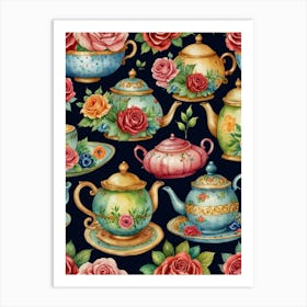 Teapots And Roses Art Print