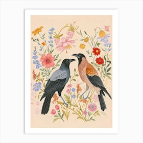 Folksy Floral Animal Drawing Crow Art Print