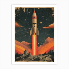 Space Odyssey: Retro Poster featuring Asteroids, Rockets, and Astronauts: Space Rocket 1 Art Print