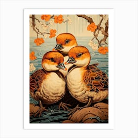 Sweet Ducklings Japanese Woodblock Style 3 Art Print
